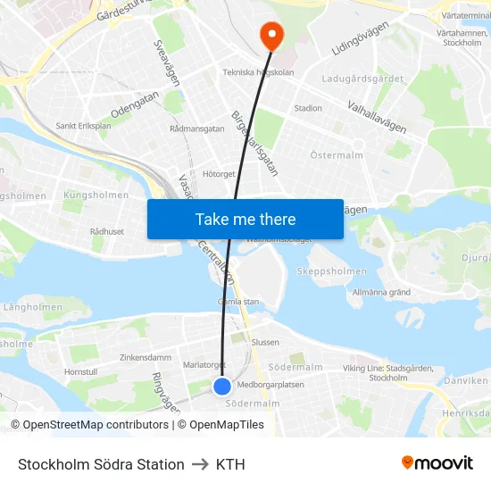 Stockholm Södra Station to KTH map