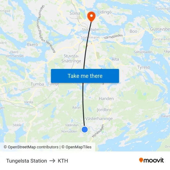 Tungelsta Station to KTH map