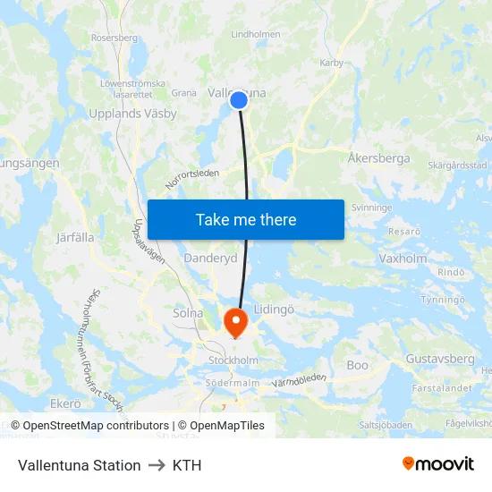 Vallentuna Station to KTH map
