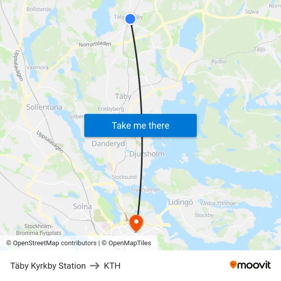 Täby Kyrkby Station to KTH map