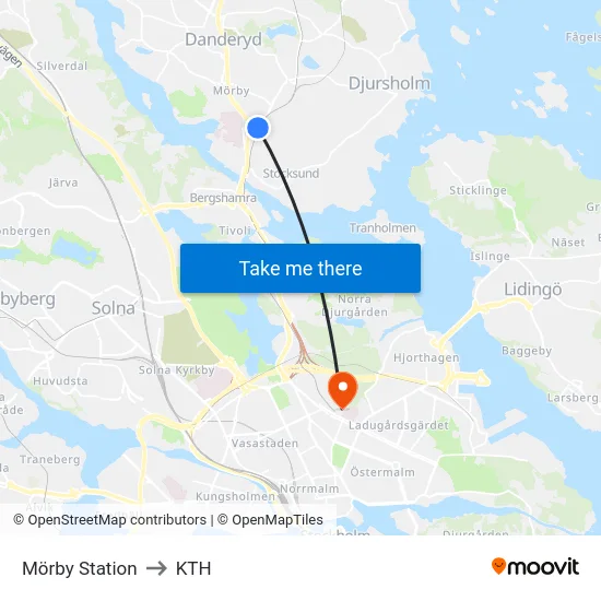 Mörby Station to KTH map