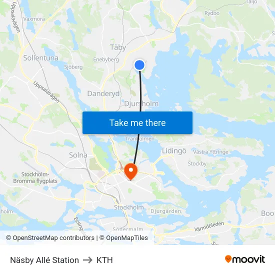 Näsby Allé Station to KTH map