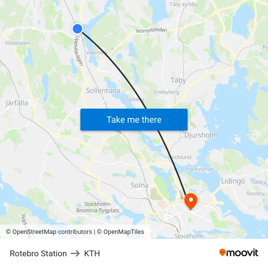 Rotebro Station to KTH map