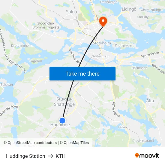 Huddinge Station to KTH map