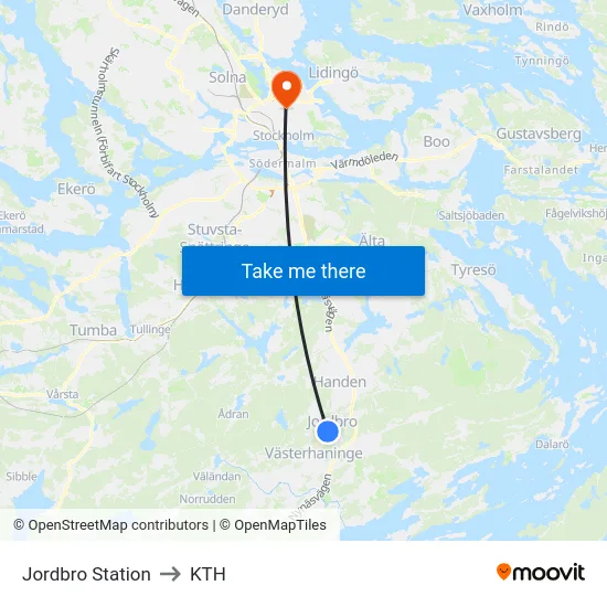 Jordbro Station to KTH map