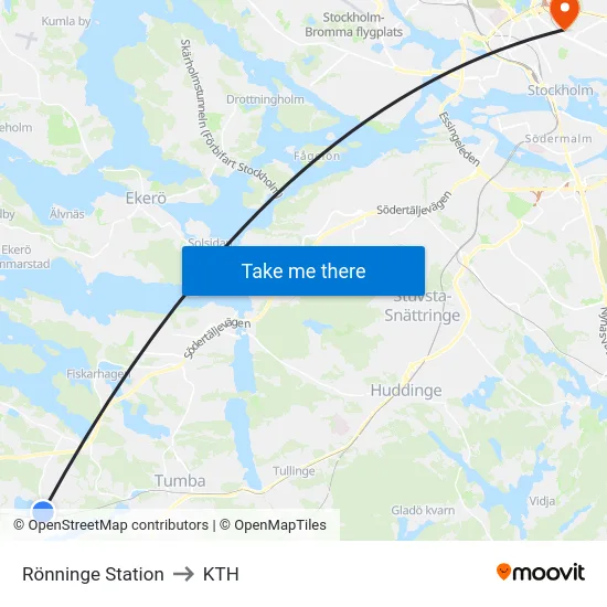 Rönninge Station to KTH map