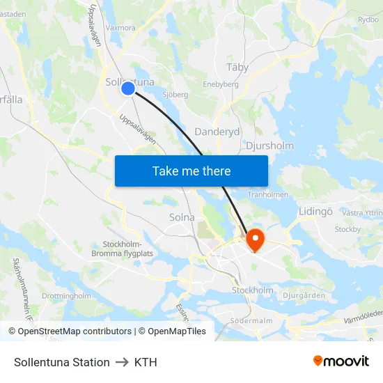 Sollentuna Station to KTH map