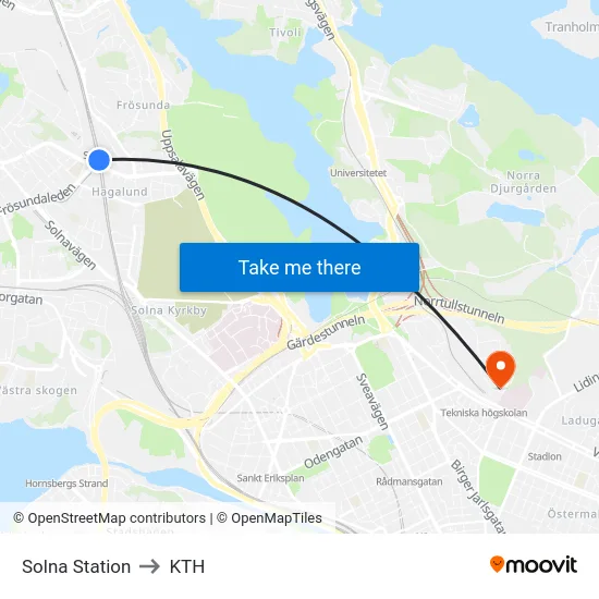 Solna Station to KTH map