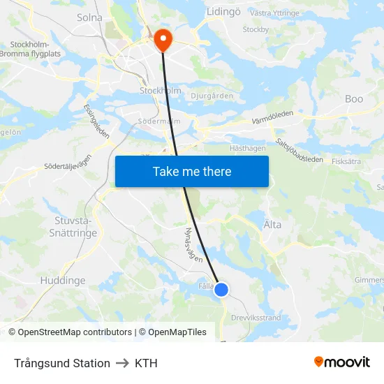 Trångsund Station to KTH map