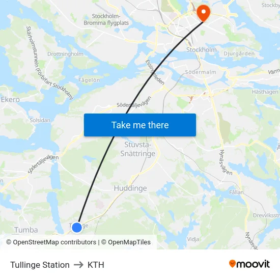 Tullinge Station to KTH map