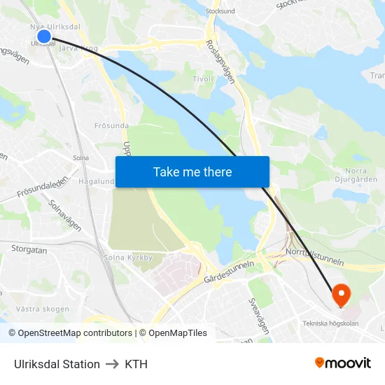 Ulriksdal Station to KTH map