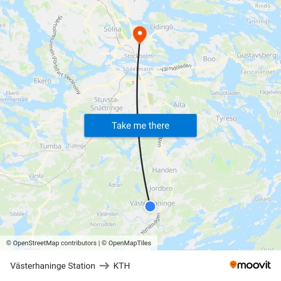 Västerhaninge Station to KTH map