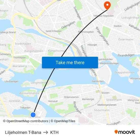 Liljeholmen T-Bana to KTH map