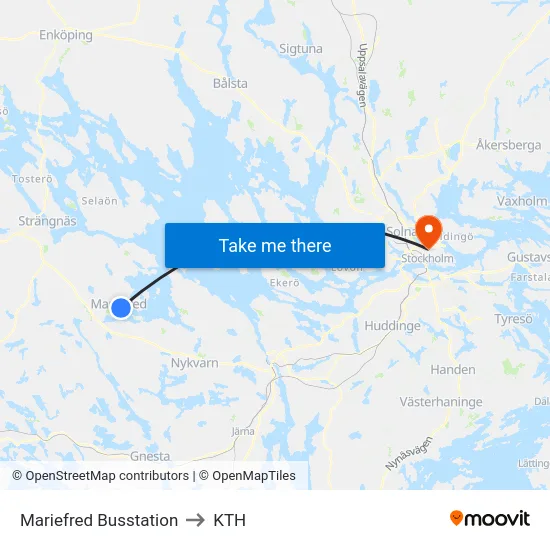 Mariefred Busstation to KTH map