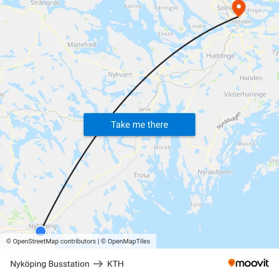 Nyköping Busstation to KTH map