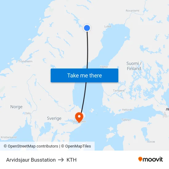 Arvidsjaur Busstation to KTH map