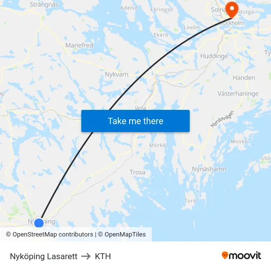 Nyköping Lasarett to KTH map