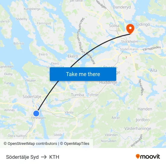 Södertälje Syd to KTH map