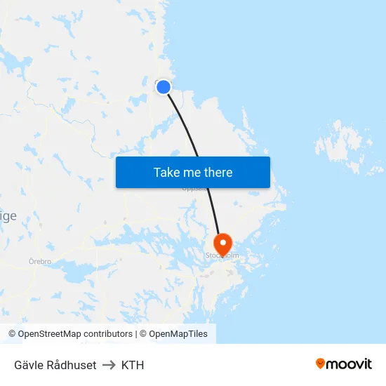 Gävle Rådhuset to KTH map