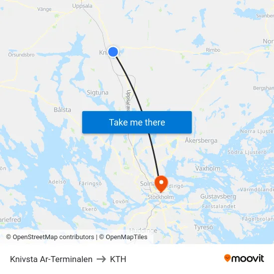 Knivsta Ar-Terminalen to KTH map