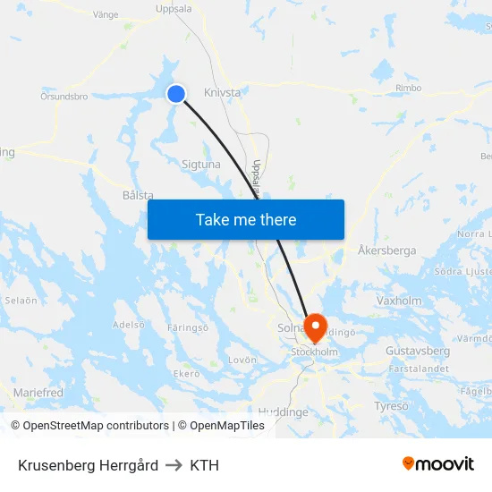Krusenberg Herrgård to KTH map