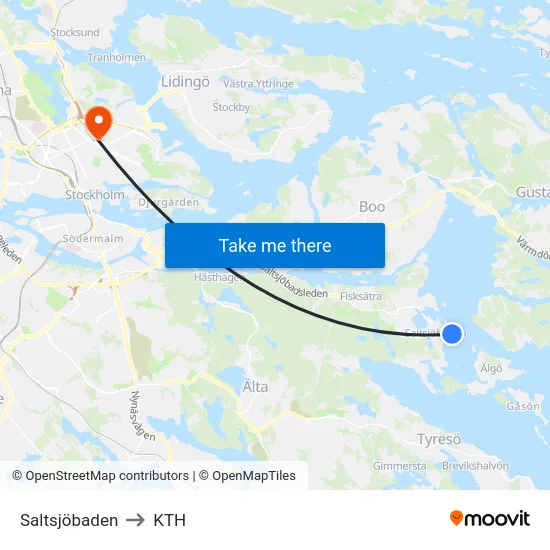 Saltsjöbaden to KTH map