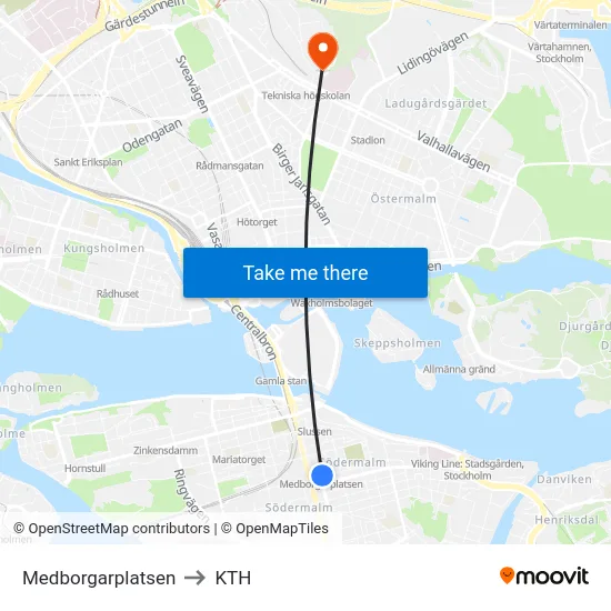 Medborgarplatsen to KTH map