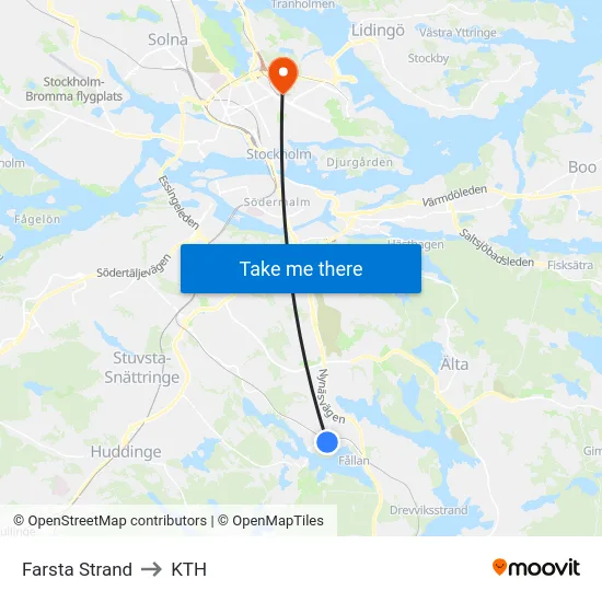 Farsta Strand to KTH map