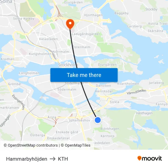 Hammarbyhöjden to KTH map