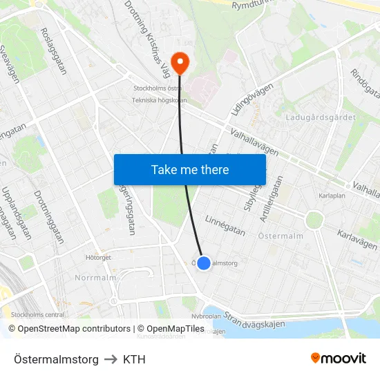 Östermalmstorg to KTH map