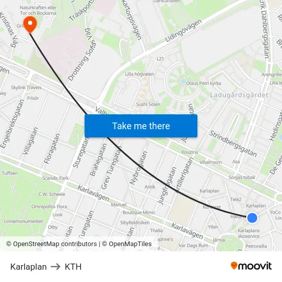 Karlaplan to KTH map