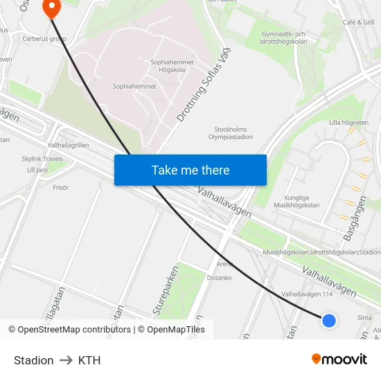 Stadion to KTH map