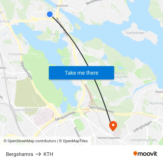 Bergshamra to KTH map