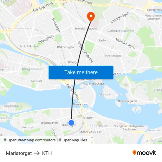 Mariatorget to KTH map