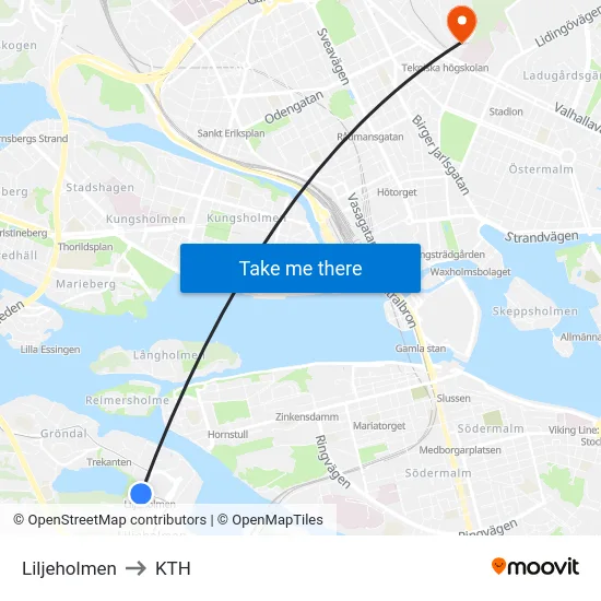 Liljeholmen to KTH map