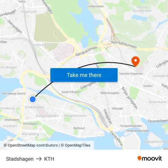 Stadshagen to KTH map
