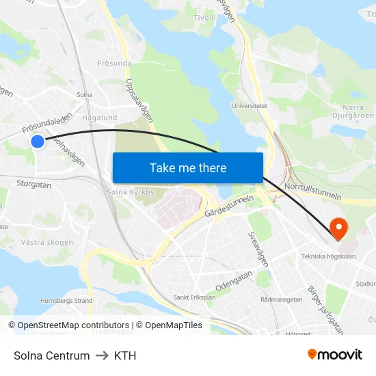Solna Centrum to KTH map