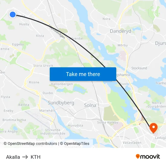Akalla to KTH map