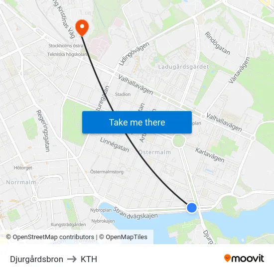 Djurgårdsbron to KTH map