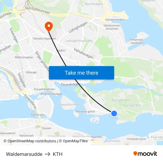 Waldemarsudde to KTH map