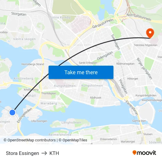 Stora Essingen to KTH map