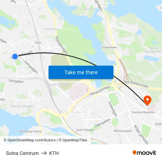 Solna Centrum to KTH map