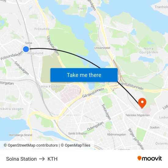 Solna Station to KTH map