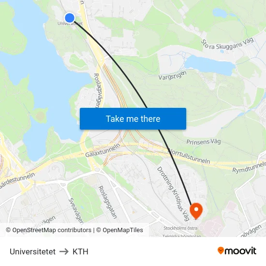 Universitetet to KTH map
