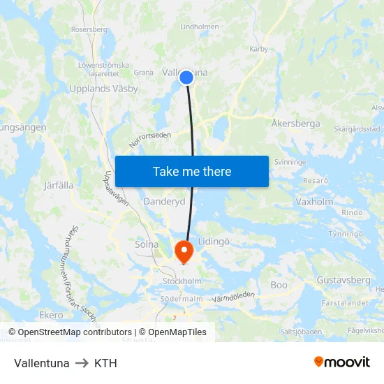 Vallentuna to KTH map