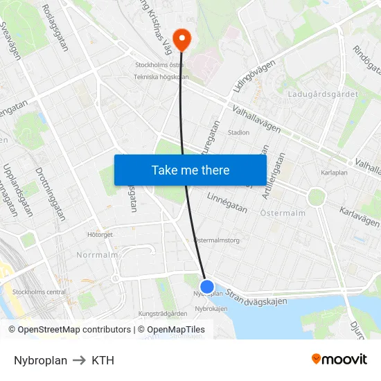 Nybroplan to KTH map