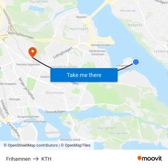 Frihamnen to KTH map