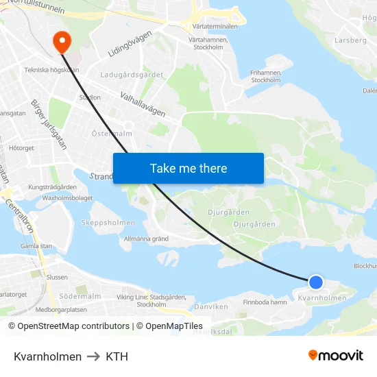 Kvarnholmen to KTH map
