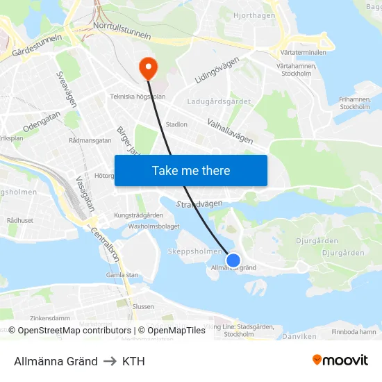 Allmänna Gränd to KTH map