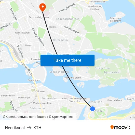 Henriksdal to KTH map